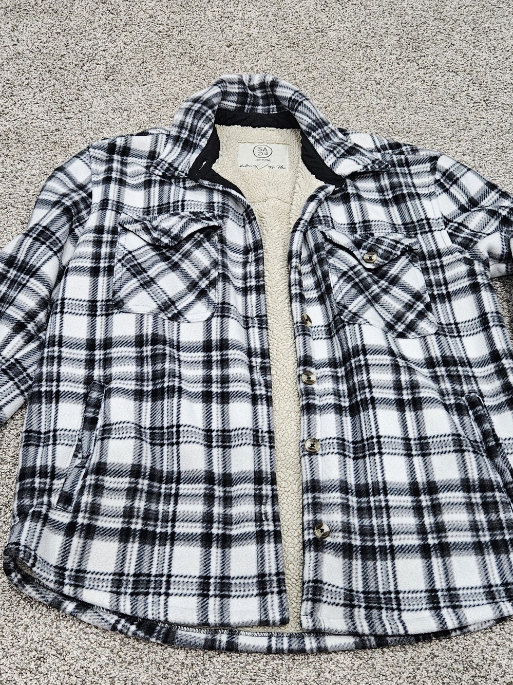 Black & White Plaid Sherpa-Lined Button-Up Shacket